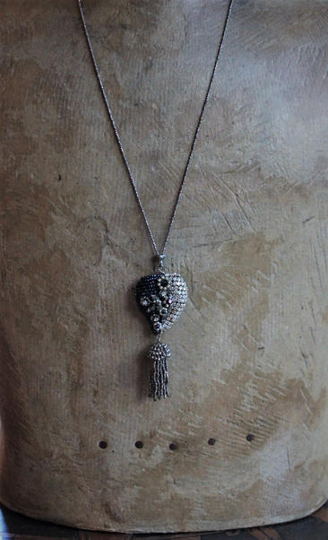 NEW! Antique Seed Bead, Pearl and Rhinestone Puffy Heart Necklace with Antique Cut Steel Bead Tassel and Chain