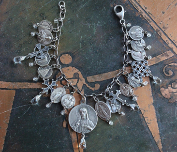 Antique French Medal Bracelet with Sterling Sacred Heart of Jesus Medal,Rare Tiny Sterling Penin Medal,Antique Sterling Crosses,Faceted Crystal Drops