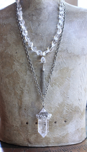 SOLD to J  AAA Faceted Rock Crystal Necklace Set with Double Terminated Rock Crystal Point,Tiny Faceted Rock Crystal Briolettes,Solid Sterling Chain