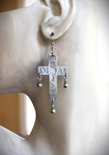NEW! Merciful Mother Earrings with Engraved Silver French Crosses, Tiny Orb Drops and Sterling Leverback Earring Wires