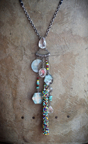 SOLD to J Endless Ocean Necklace with Faceted Rock Quartz Drops,,Sterling Bezel Set Faceted Rock Quartz, Sterling Link Chain,Multi Color Seed Bead Tassel