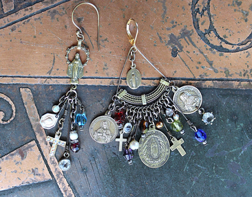 NEW! Asymmetrical Earrings with Antique French Rosary Connector & Medals, Multiple Faceted Bead Dangles,Antique Faceted Crystals and Crosses