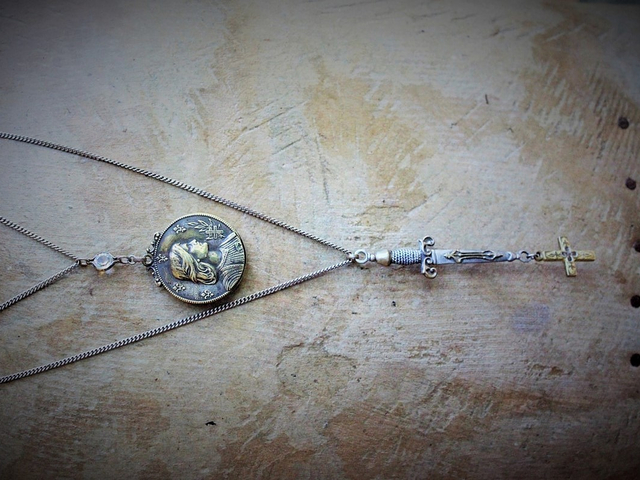 Go Forward Bravely Necklace Set w/Rare Antique French Repousse St. Jeanne D'Arc Depose Slide Locket,Antique French Cross & Repousse Sword