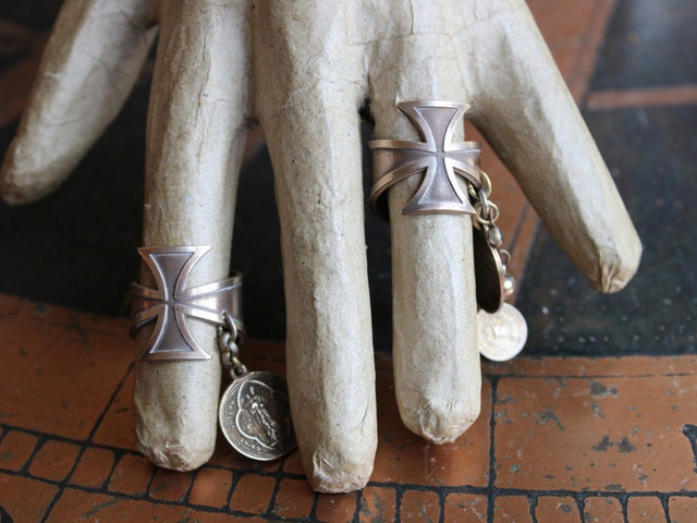 Mother of God Gothic Bronze Copper Maltese Cross Rings w/Rare Tiny Antique Penin Medal,Rare Antique 1846 Mere de Dieu Apparition Medal