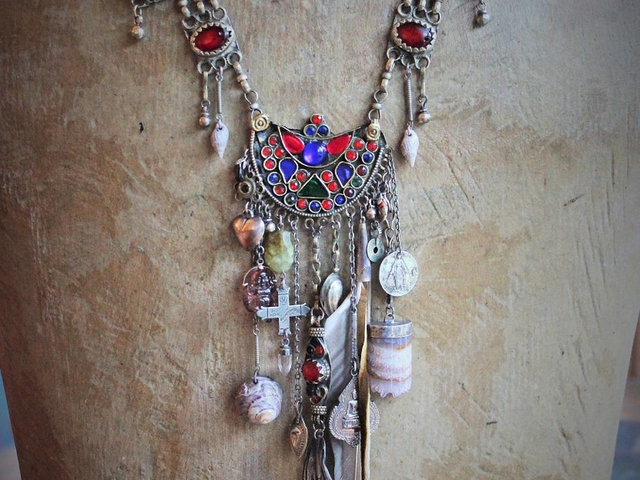 This Sky Necklace w/Antique Gypsy Chain,Cast Bird Wing,Antique Engraved Cross,Old Tibetan Medal,Carved Tourmaline Buddha + Much More!