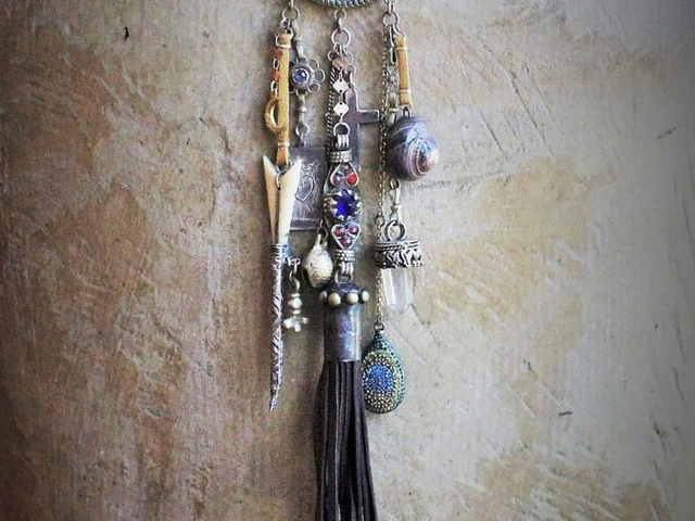 Gypsy Spirit Forgiveness Necklace w/Antique Loomed Cotton & Button "Chain",Incredible Labradorite Stone,Sterling 3 Swords Medal,Antique Scabbard,+++