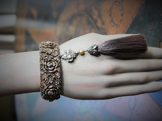 Hand Painted Antique Carved Rose Celluloid Bracelet w/Antique Sterling Rose Connector,Antique Sterling Rose Capped Silk Tassel