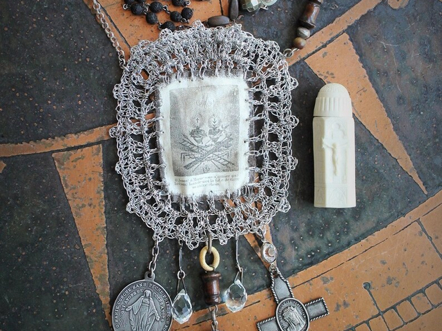 Antique Sacred Heart Blessing Bag w/Antique Holy Water Vessel,Multiple Antique Rosary & Bead Findings,Silk Black Tassel,Faceted Pyrite+