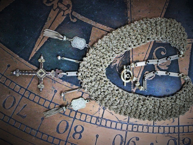 Crocheted Chain Necklace w/RARE Antique French Gold Sacred Heart Jeannette Cross,Matching Antique Crowned SH Medals,Antique Tassels