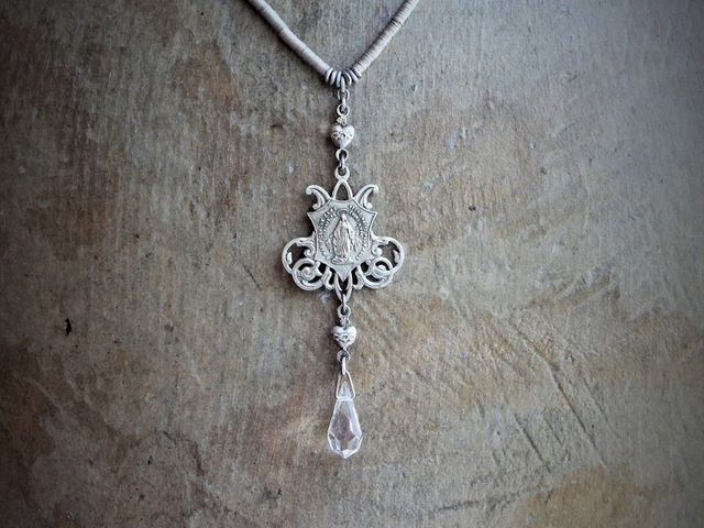 Antique French Marian Necklace w/RARE Tiny Antique 1800's French Metal Sequin Chain,Sacred Heart Connectors,Antique Crystal Tear Drop