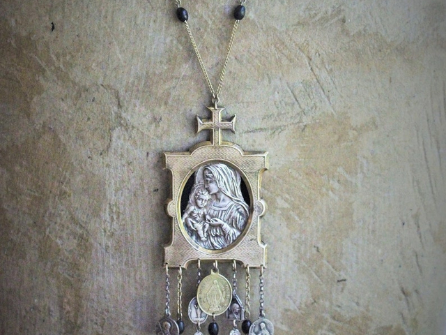Into Her Arms Necklace w/Antique French Benitier Madonna & Child,Antique French Medals,Antique Tassel +More!