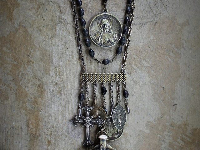 The Anaphora Necklace w/RARE Antique Sterling 18k Vermeil Engraved Maltese Cross & Crown of Thorns Eucharist Pyx,Antique Penin Medal+++