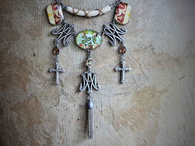Ave Maria Necklace w/French Caron Freres Scrolled Initials AM Medals,Beveled Glass Connectors,French Crosses,Unique Fabric Finding