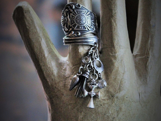 In this Sign Antique Sterling Masonic Wrap Ring w/Sterling Cross,Sterling Tassel,Antique Faceted Crystal Drop