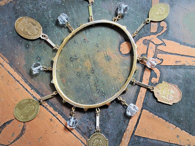 Sacred Saints Bracelet w/6 Antique French Medals,Vintage Sterling Vermeil Bangle,Antique Faceted Glass Beads,Vintage Bar Links
