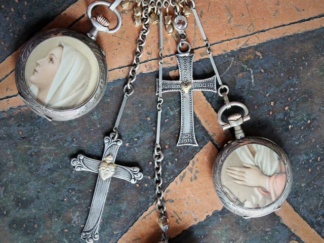 To Pray Necklace w/Antique French Sterling Pocket Watch Lockets,Sacred Heart and Thy Kingdom Come Cross,Antique Sterling Chiming Heart