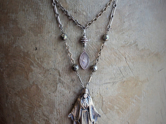 Open your Arms Necklace w/Extraordinary Bronze Marian Medal,Antique French Sacred Heart Medal,Antique & Vintage Mixed Chain Fragments