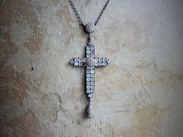 Large Rare Antique Sterling Georgian Black Dot Paste Cross Necklace w/Antique Sterling Star Punched Dome & Tear Drop ++