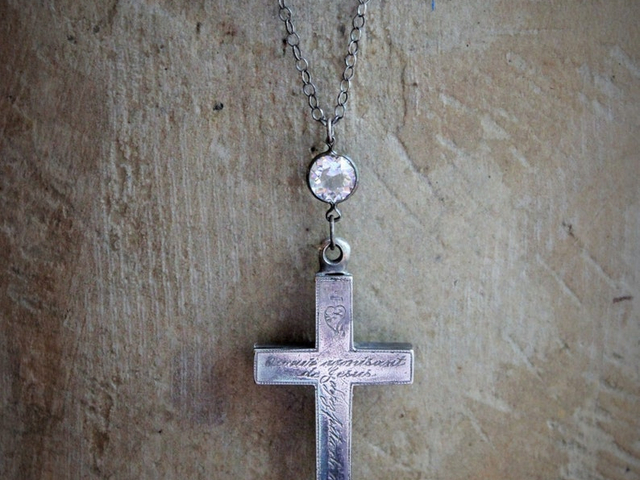 RARE Antique French Sterling Flaming Sacred Heart Ex Voto Necklace w/Antique French Sterling Mother of Pearl Rosary Chain