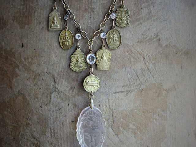 The Unity of Life Necklace w/7 Antique Buddha Sanskrit Medals,Carved Crystal Buddha,Antique Bezel Set Faceted Crystal Connectors+