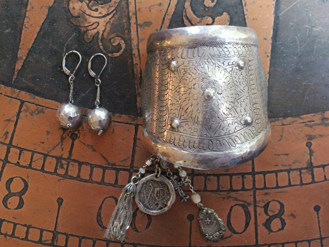 Antique Wide Sterling Engraved & Hammered Cuff Bracelet & Earring Set with Antique Medals,Sterling Tassel,Antique Sterling Cross