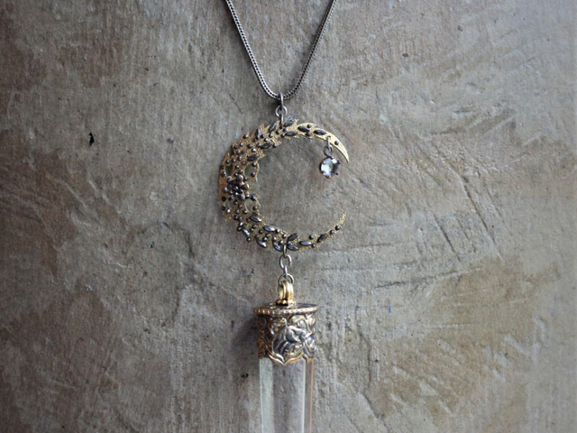 Like the Universe Necklace with Antique Cut Steel Crescent Moon Finding, Water Clear Capped Quartz Point, Antique Foxtail Chain
