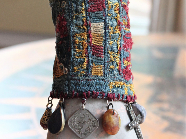 Wide Antique Lambani Textile Cuff with Assorted Antique Medals, Crosses and Drops