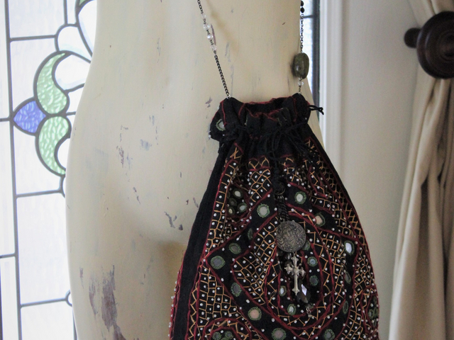 Vintage Banjara Gypsy Drawstring Bag with Goddess Medal, Antique & Vintage Chain Strap with Faceted Gemstones, Inset Mirrors, Embroidery and More!