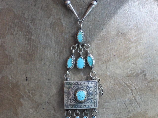 Let the Heart Sing Necklace with Unique Kuchi Gypsy Prayer Box Pendant, Turquoise Cabochons, Antique Sterling Foxtail Chain