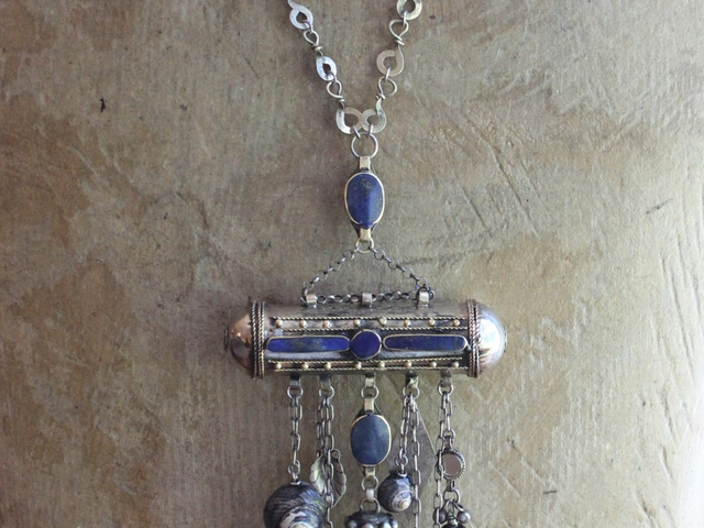 The Teaching of my Soul Necklace with Silver & Lapis Lazuli Blessing Scroll Pendant, Multiple Drops & Dangles, Unique Leather Tassel & Ties