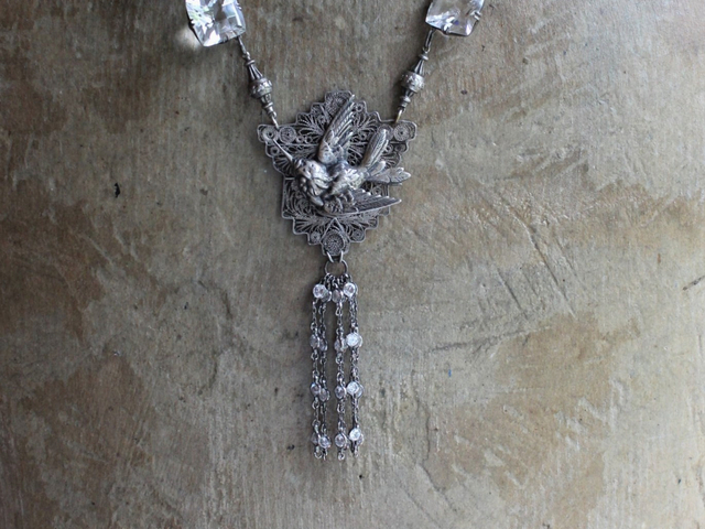Antique Sterling Figural Swallow Bird Pendant with Antique Sterling Set Rock Crystals,Sterling Rock Crystal Chain & Tassel