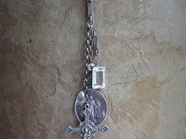 NEW! Sacred Medal & Cross Necklace w/RARE Large Antique Marian Medal,Antique French Figural Cross and Rare Large Antique Nippon Faceted Rock Crystal