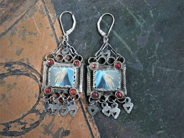 NEW! Mary's Hands Earrings with Antique Findings,Antique Holy Card images and Sterling Leverback Earring Wires