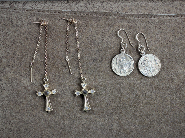 NEW! 2 Pair Earring Set with Rare Matching Antique Gold Saint Christopher Medals and Threader Look Sterling Vermeil Earrings with Antique Stanhope Crosses