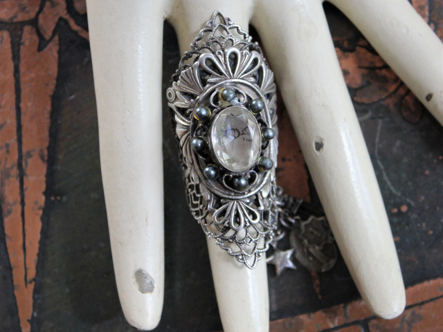 The Word of God Ring with Unique Long Vintage Sterling Filigree Ring, Faceted Rock Quartz & Tiny Antique Medals