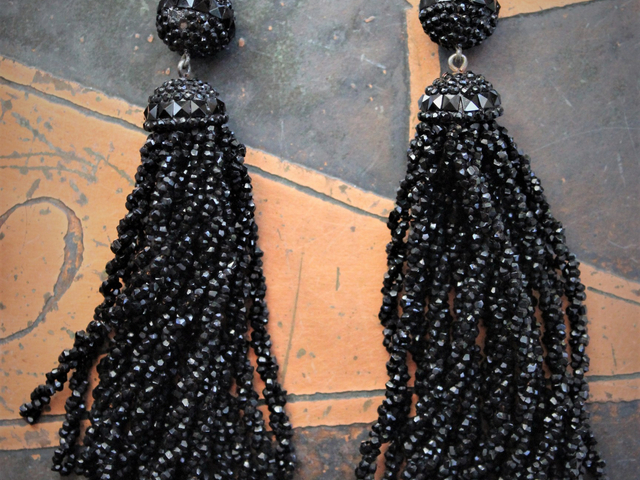 Rare Antique European Tiny Faceted Jet Bead Tassel Earrings