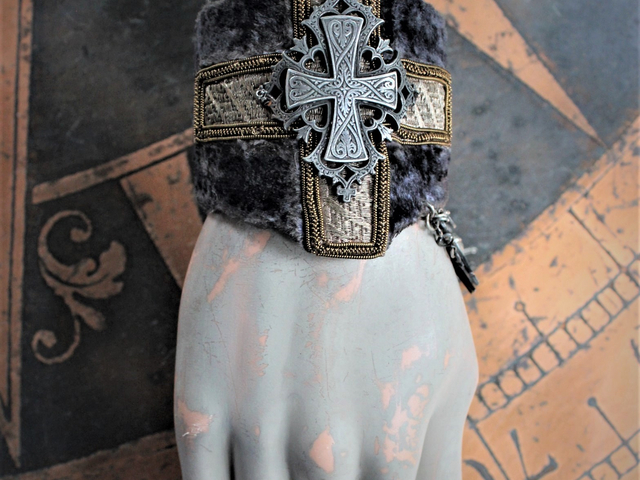 Wide Antique Panne Velvet & Vestment Cross Cuff Bracelet with Antique French Cross, Medals and Chain Tassel