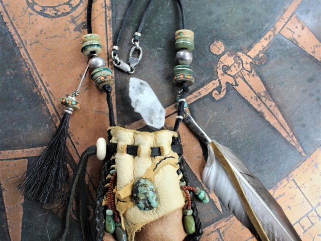 The Healing Necklace with Artisan Leather Pouch, Rare Double Point Rock Quartz, Turquoise Stones, Horse Hair and Feather Dangles,Antique Sterling Beads,Tibetan Bone Beads