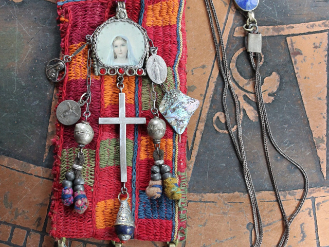 All His Grace Necklace with Antique Lambani Textile Pouch,Antique Marian Image Pendant, Vintage Sterling Cross,Antique Tassel Poms & More!