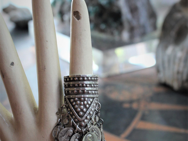 NEW! Unique Sterling Shield Dangle Ring with Miniature Antique French Medals,Tiny Bezel Set Faceted Crystal and Tiny Sterling Crosses