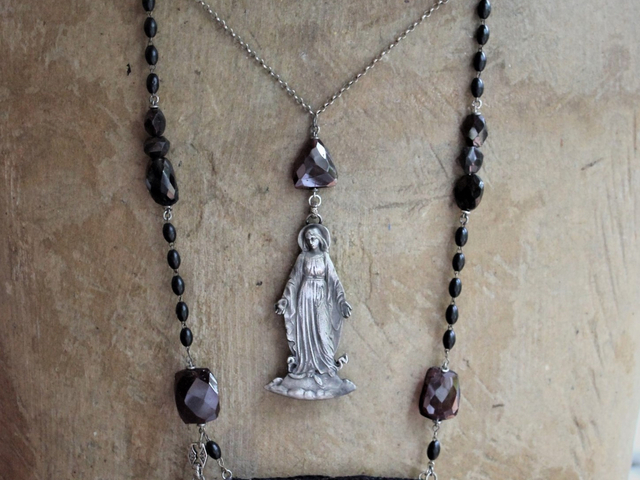 NEW! Keep Standing Necklace with Antique Holy Image Textile Leather Pouch,Tiny Sterling Star Topped Crowns, Faceted Pyrope Garnet & Antique Rosary Bead Chain, Antique Scapulars & More!