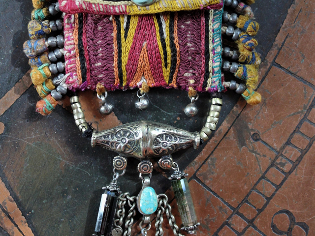 NEW! The Gateway Necklace with Amazing Lambani Textile Pouch,Faceted Barrel Tourmaline,Twilight Triangle Goldstone, Turquoise and More!