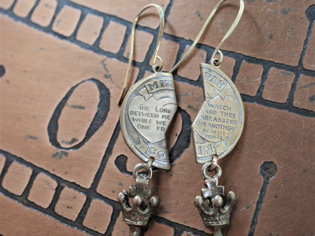 Between Me and Thee Earrings with Engraved Mizpah Coin Halves, Antique Cross and Crown Key Findings