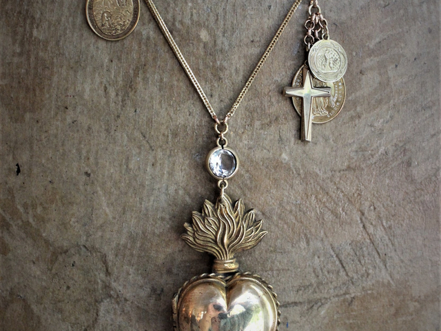 Rare Antique French Flaming Ex Voto Heart Locket Necklace with Rare Small Antique French Penin Lyon Guardian Angel Medal,Antique Cross,Bezel Set Rock Crystal, and Foxtail Chain