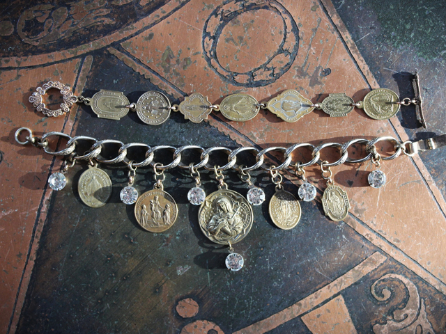Antique Embossed Link Charm Bracelet Set with Antique French Medals and Cup Set Faceted Rhinestone Drops