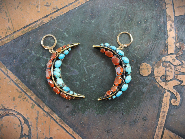 NEW! Turquoise & Carnelian Crescent Moon Earrings with Vintage Iradj Moini Findings and Leverback Earring Wires