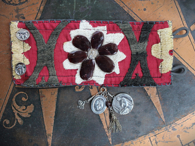 Allow Your Soul Cuff Bracelet with Antique Embroidered Textile, Antique French Medals,Faceted Almandine Garnet & Religious Rose