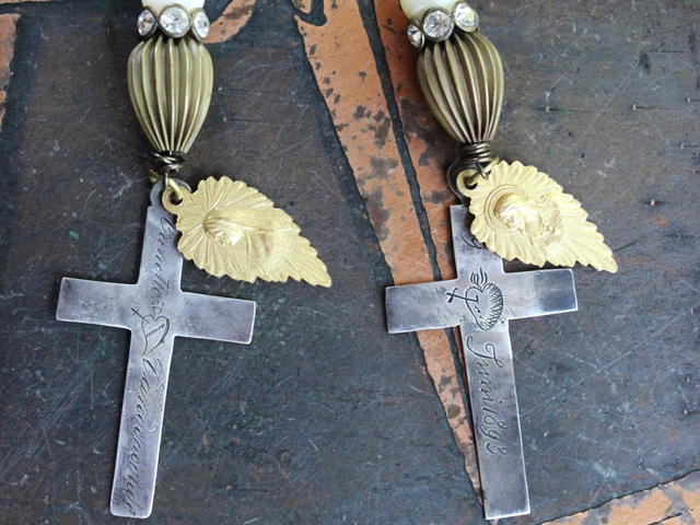 Antique French Sterling Engraved Nun's Cross Earrings w/Gold Leaf Mary and Jesus Findings, Antique Rhinestone Rondelles, Sterling Earring Wires