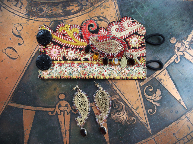 NEW! Antique Embroidered Paisley Textile Cuff Bracelet & Earring Set w/14K GF Open Work & Gemstone Paisleys, Antique Sawtooth Set Crystals & More!