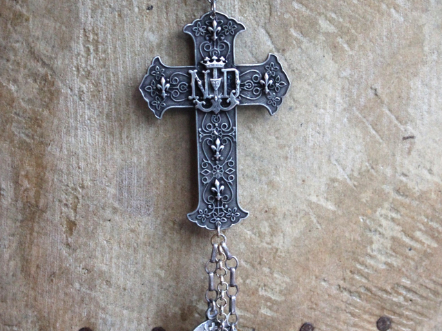 NEW! Rare Notre Dame Cross Necklace with Dove of Peace, Sacred Heart,4 Way Marian Cross Medals and Faceted Rock Crystals